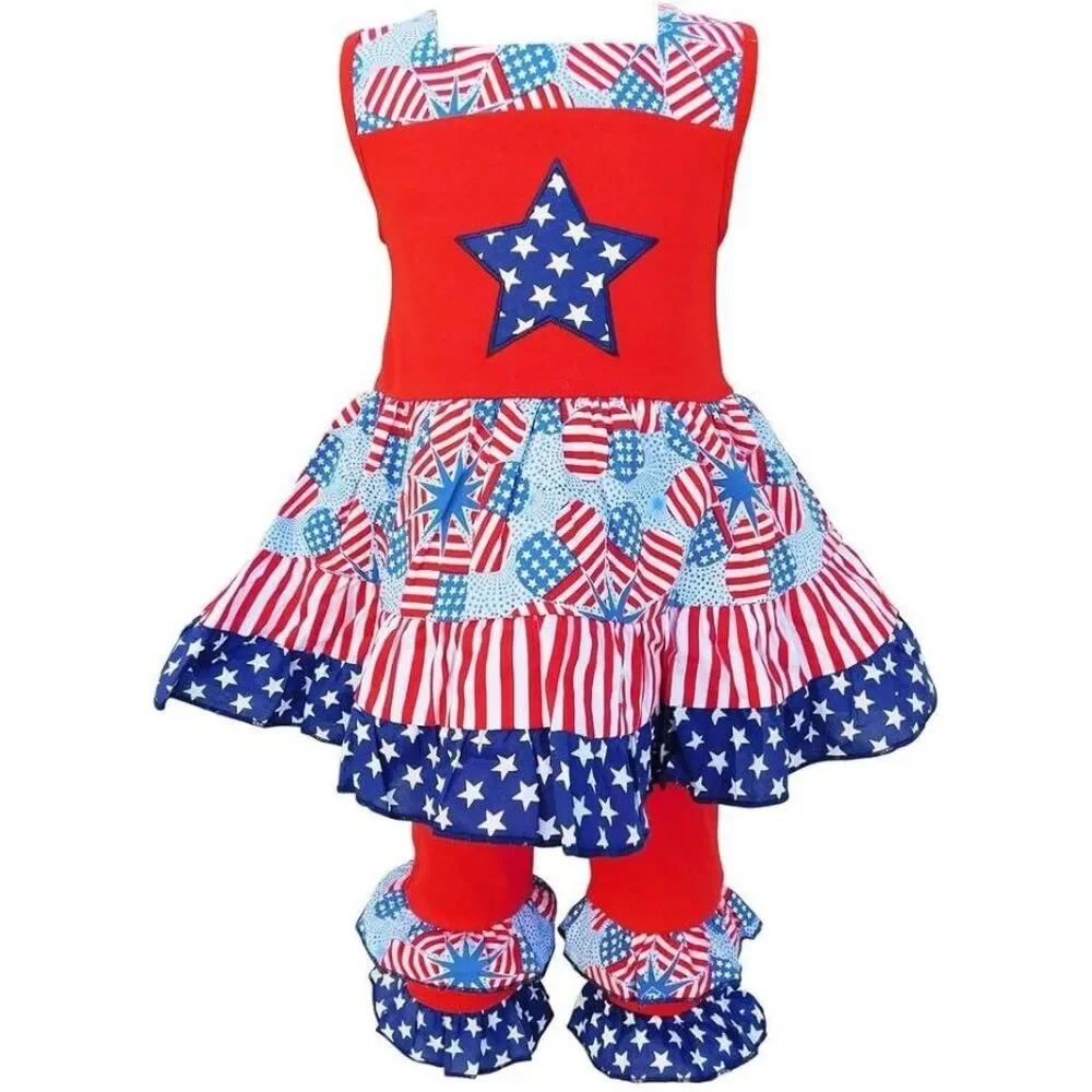 Ann Loren BNWT Girl's 4th Of July Stars‎ & Stripes Dress Set Size 4-5